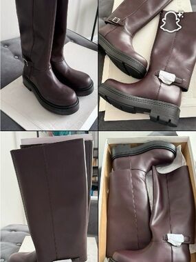 Tall Chunky Sole Leather Riding Boots in Deep Burgundy